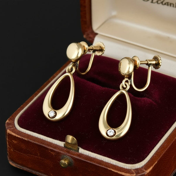Vintage 14K Gold Diamond Drop Hoop Earrings