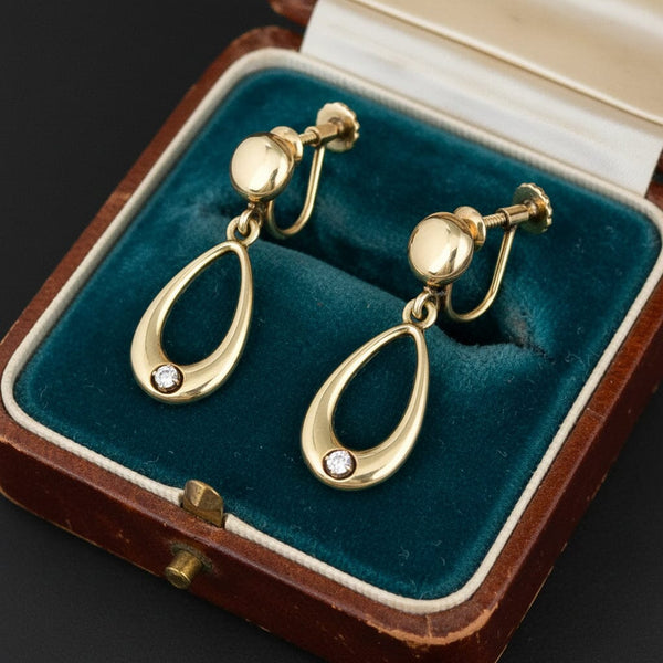 Vintage 14K Gold Diamond Drop Hoop Earrings