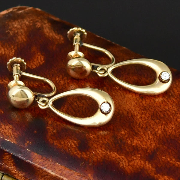 Vintage 14K Gold Diamond Drop Hoop Earrings