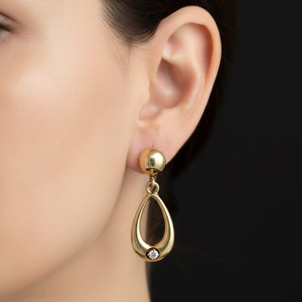 Vintage 14K Gold Diamond Drop Hoop Earrings