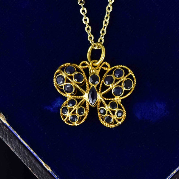 Vintage 14K Gold Double Sided Blue Sapphire Butterfly Pendant Necklace