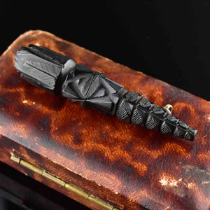 Antique Victorian Carved Long Whitby Jet Brooch - Boylerpf