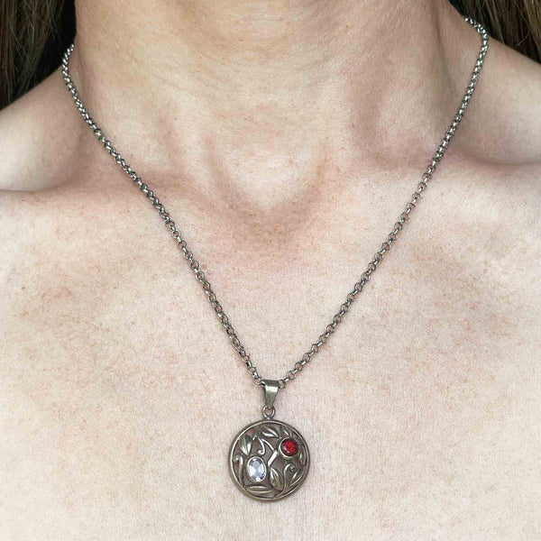 Vintage Silver Floral Amethyst Garnet Pendant Necklace - Boylerpf