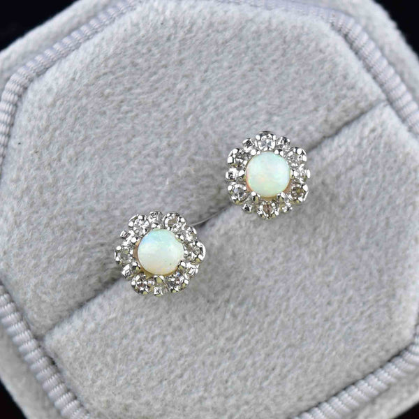 Vintage 14K White Gold Diamond Halo Opal Stud Earrings - Boylerpf