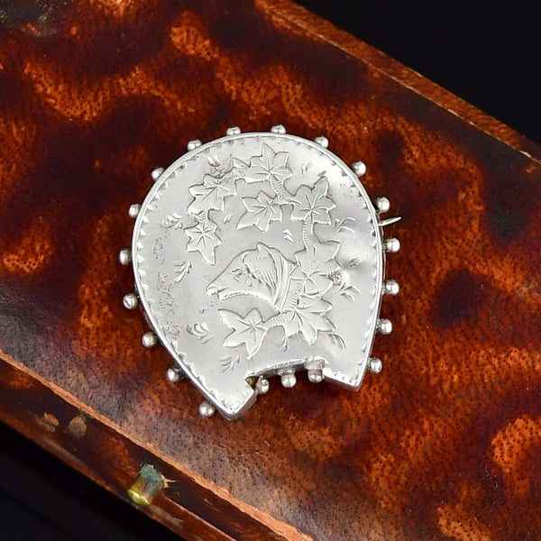 Antique Sterling Silver Victorian Horseshoe Hound Brooch