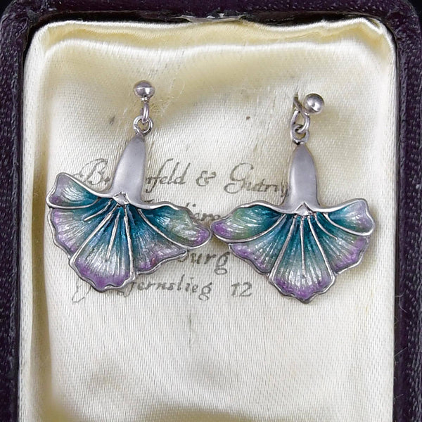 Antique Sterling Silver Enamel Ginkgo Leaf Earrings - Boylerpf