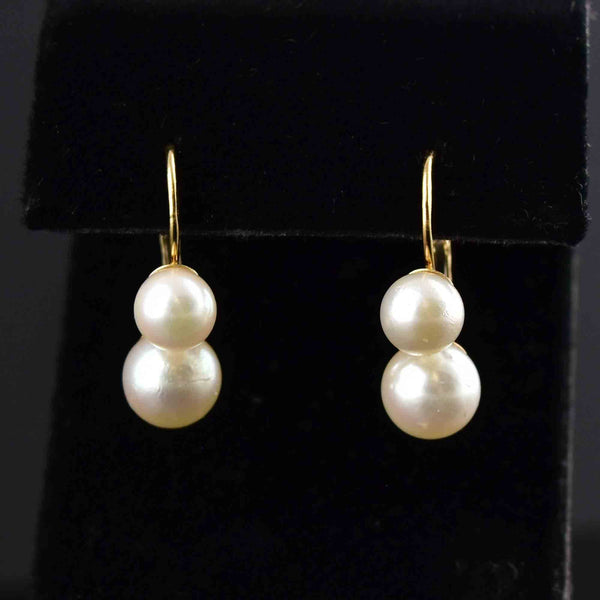 Vintage 14K Gold Double Pearl Drop Earrings - Boylerpf