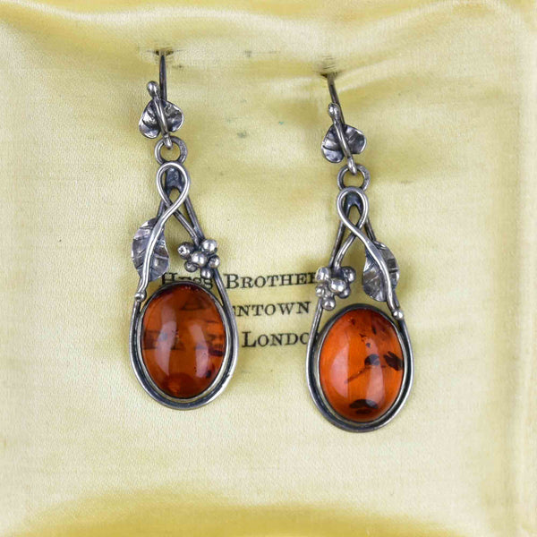 Arts and Crafts Style Silver Baltic Amber Cabochon Drop Earrings - Boylerpf