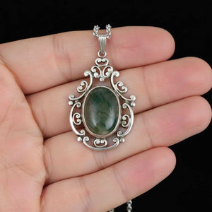 Vintage Sterling Silver Arts & Crafts Moss Agate Pendant Necklace - Boylerpf