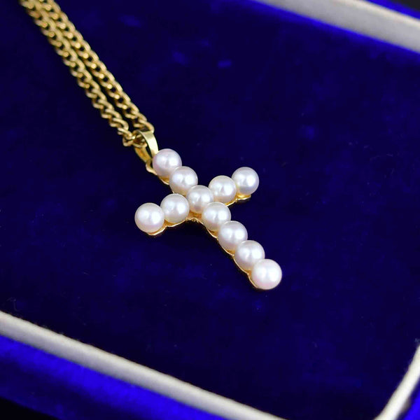 14K Gold Cultured Pearl Cross Charm Pendant Necklace - Boylerpf