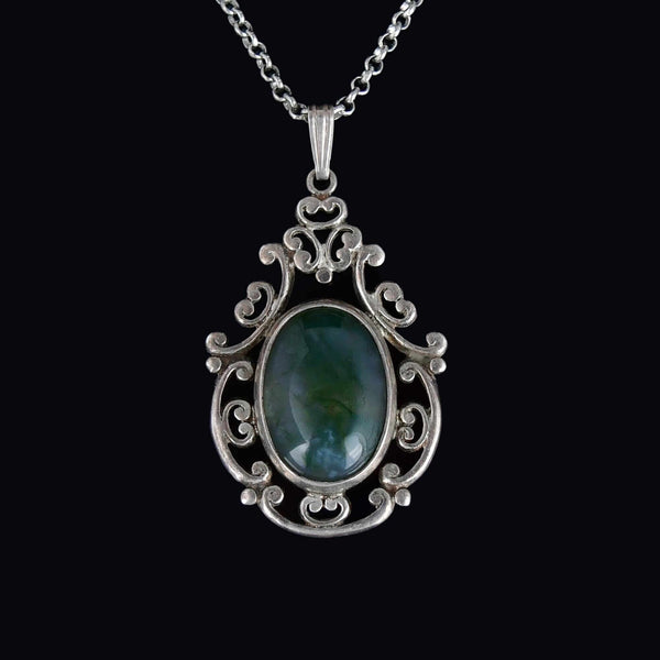 Vintage Sterling Silver Arts & Crafts Moss Agate Pendant Necklace - Boylerpf