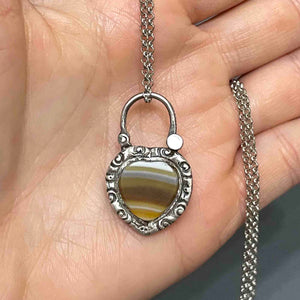 Vintage Engraved Silver Scottish Agate Heart Padlock Necklace - Boylerpf