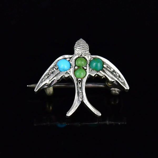 Antique Sterling Silver Turquoise Garnet Swallow Bird Brooch - Boylerpf