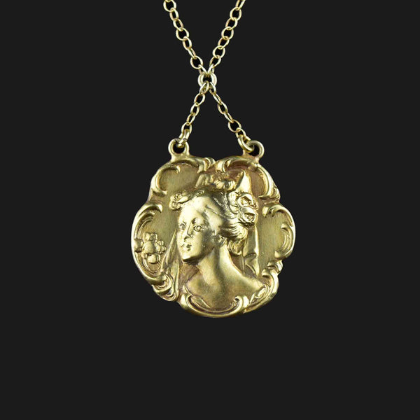 Antique Art Nouveau Gold Lady Pendant Necklace - Boylerpf