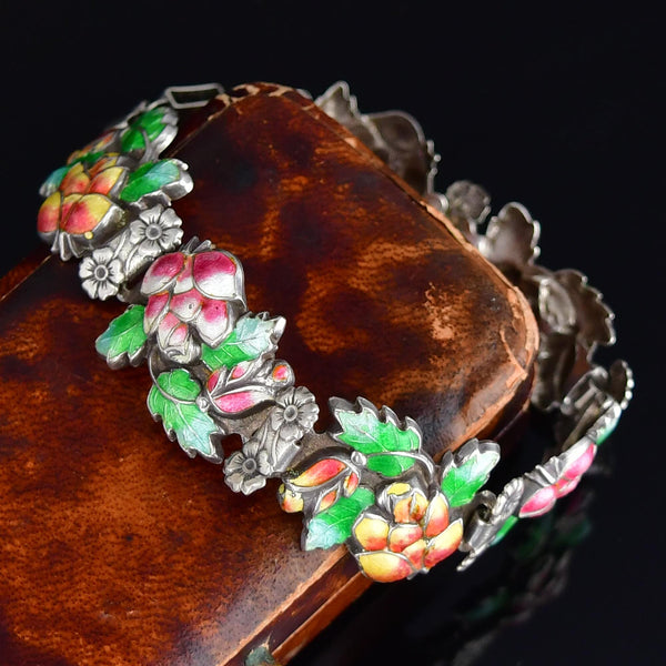 Antique Floral Enamel Sterling Silver Bracelet