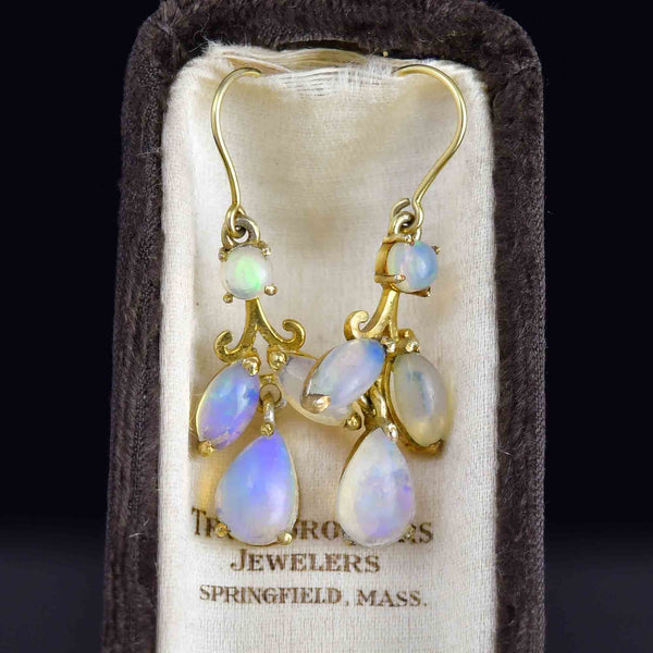 Vintage Art Deco Style Ethiopian Jelly Opal Leaf Drop Earrings - Boylerpf