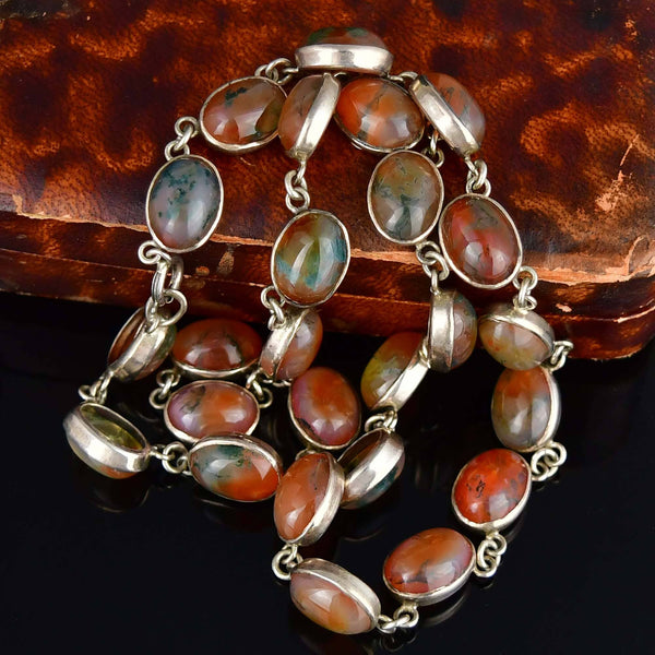 Antique Scottish Moss Agate Sterling Silver Necklace
