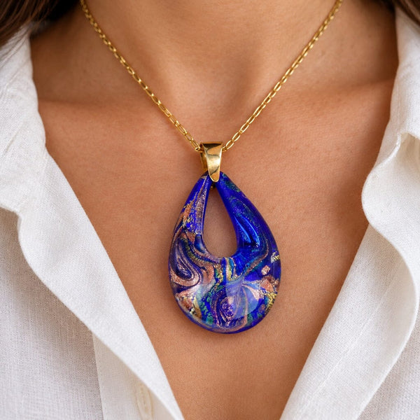 Vintage 9K Gold Blue Murano Glass Necklace