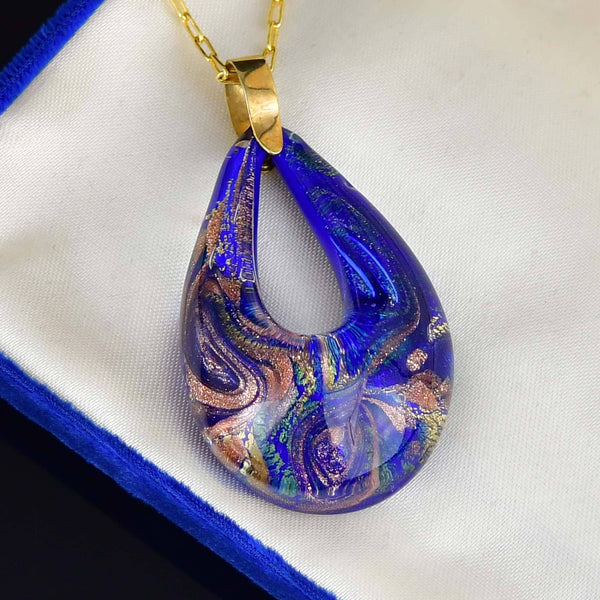 Vintage 9K Gold Blue Murano Glass Necklace
