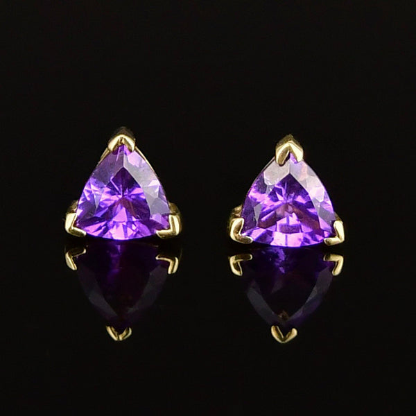 Vintage Trillion Cut Amethyst Gold Stud Earrings