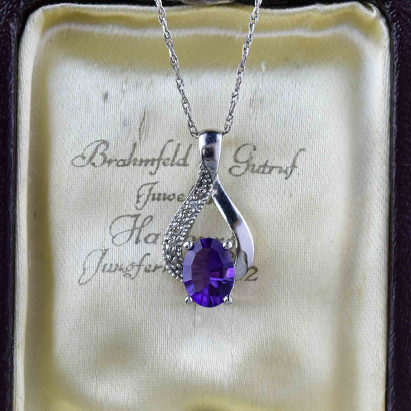 Vintage 10K White Gold Amethyst Diamond Pendant Necklace - Boylerpf