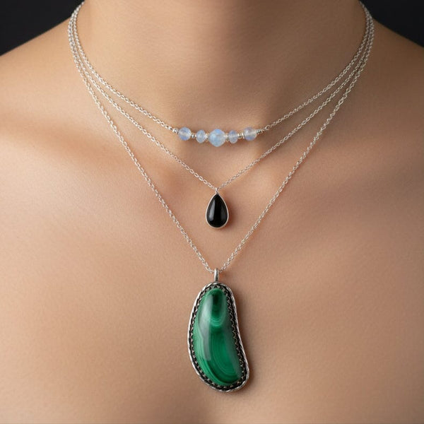Sterling Silver Malachite Cabochon pendant Necklace