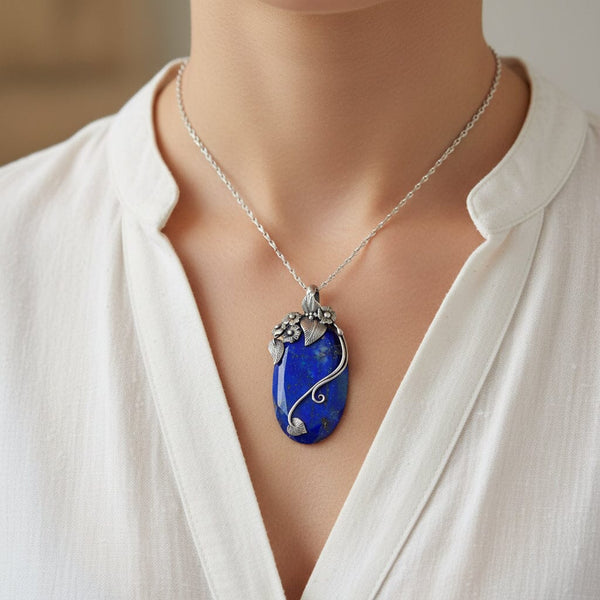 Arts & Crafts Sterling Silver Lapis Lazuli Forget Me Not Necklace
