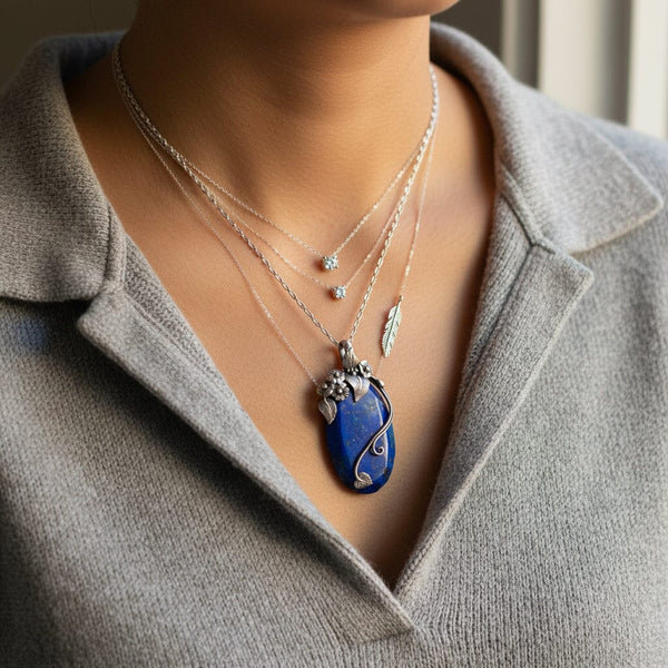 Arts & Crafts Sterling Silver Lapis Lazuli Forget Me Not Necklace