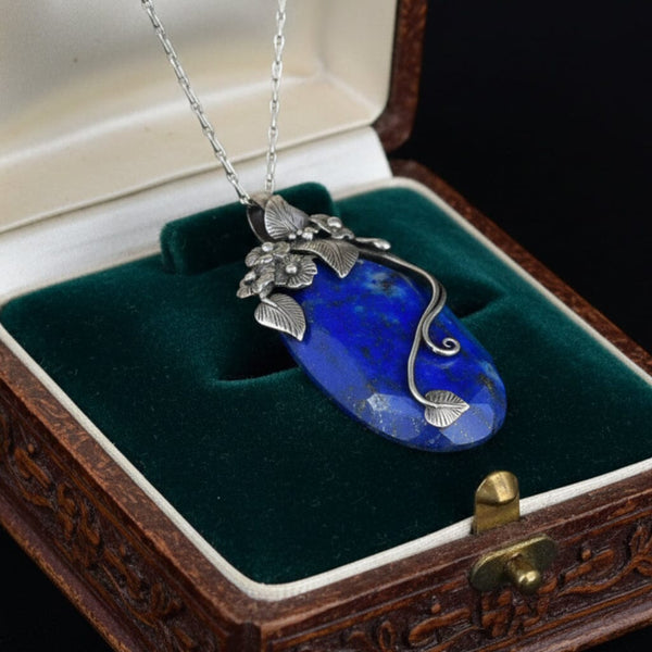 Arts & Crafts Sterling Silver Lapis Lazuli Forget Me Not Necklace