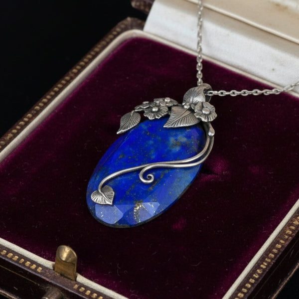 Arts & Crafts Sterling Silver Lapis Lazuli Forget Me Not Necklace
