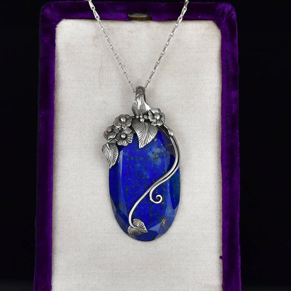 Arts & Crafts Sterling Silver Lapis Lazuli Forget Me Not Necklace