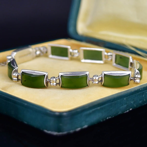 Vintage Sterling Silver Green Agate Hinged Link Bracelet