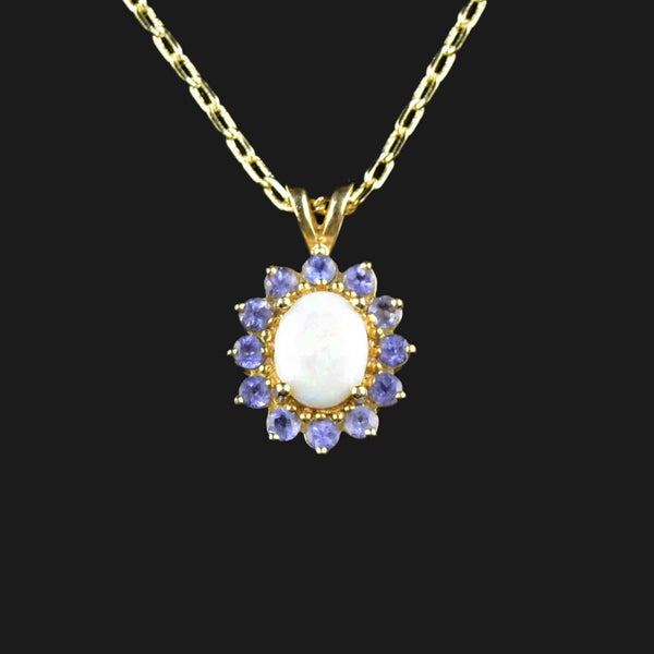 Vintage 14K Gold Opal Tanzanite Halo Pendant Necklace - Boylerpf