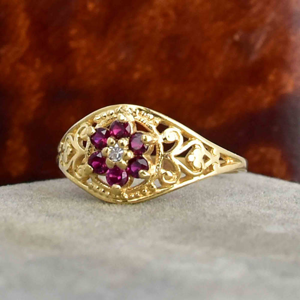 Vintage 10K Gold Diamond Ruby Cluster Statement Ring - Boylerpf