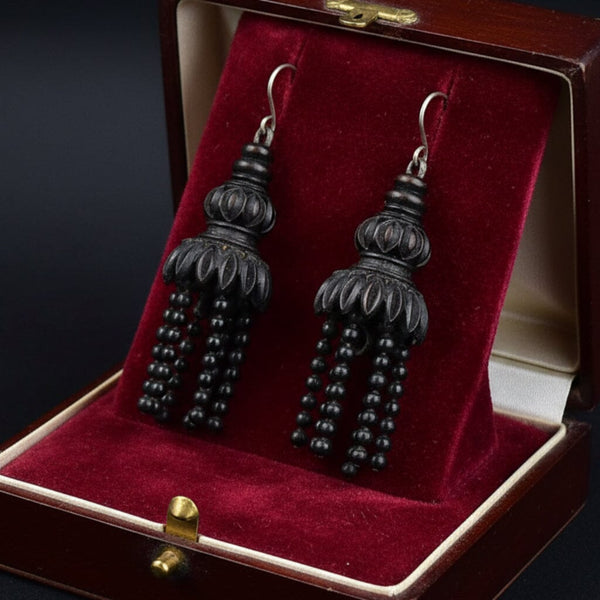 Antique Victorian Silver Gutta Percha Tassel Earrings - Boylerpf