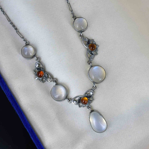 Vintage Silver Citrine Moonstone Pendant Drop Necklace - Boylerpf