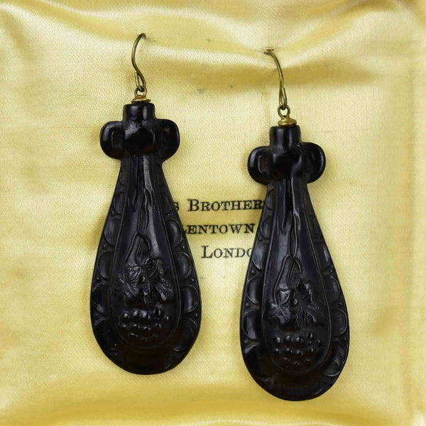 Antique Victorian Grapevine Carved Whitby Jet Drop Earrings - Boylerpf