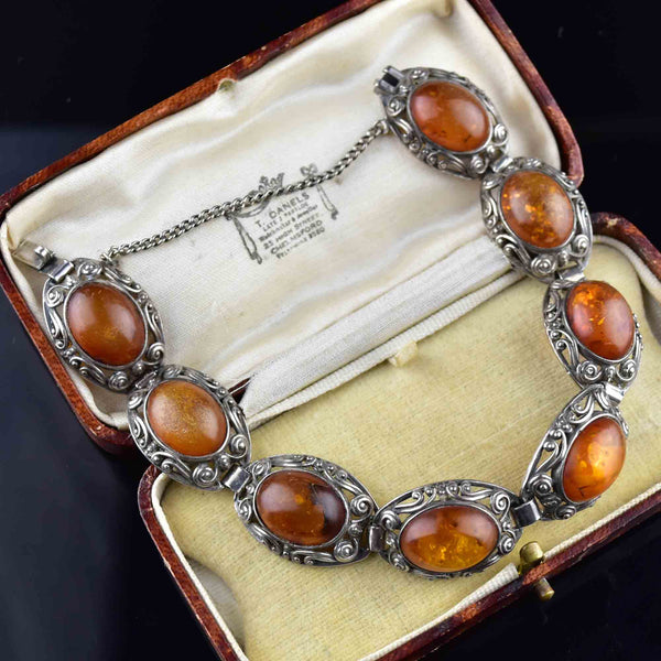 Vintage Arts and Crafts Silver Amber Cabochon Bracelet - Boylerpf