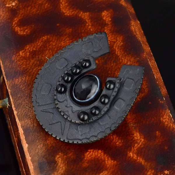 Antique Vulcanite Bullseye Agate Horseshoe Brooch