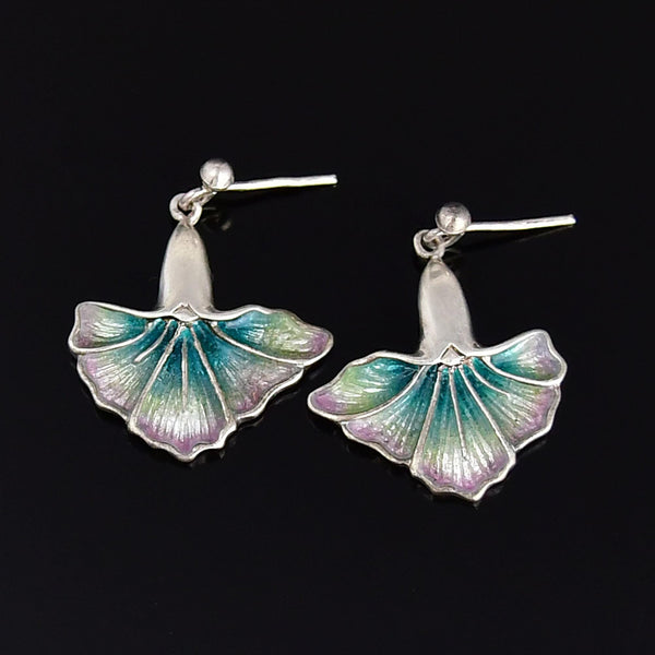 Antique Sterling Silver Enamel Ginkgo Leaf Earrings - Boylerpf