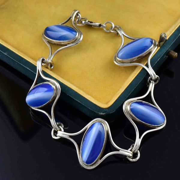 Silver Blue Banded Agate Cabochon Link Bracelet - Boylerpf