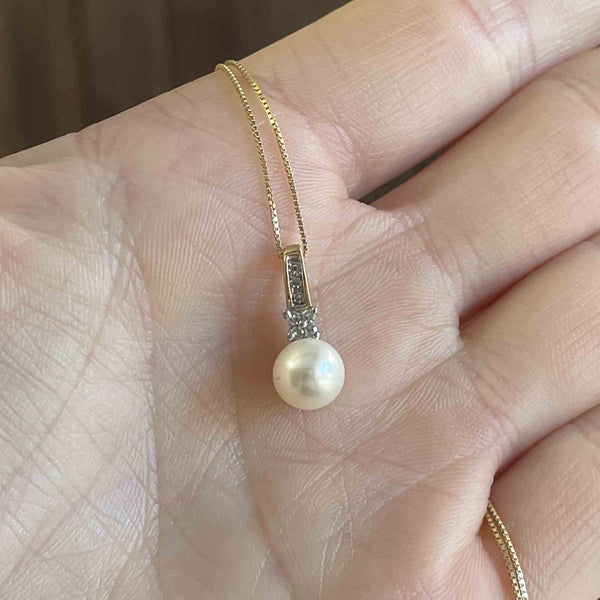 Vintage 10K Gold Diamond Pearl Pendant Necklace - Boylerpf