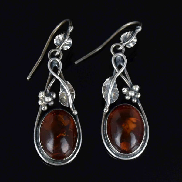 Arts and Crafts Style Silver Baltic Amber Cabochon Drop Earrings - Boylerpf