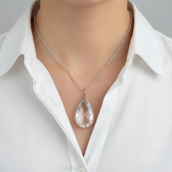 Antique Art Deco Rock Crystal Teardrop Pendant Necklace
