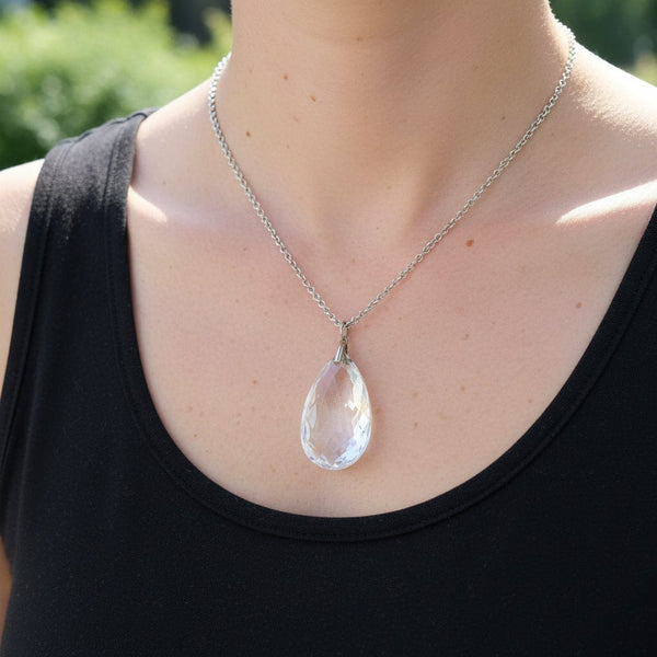 Antique Art Deco Rock Crystal Teardrop Pendant Necklace
