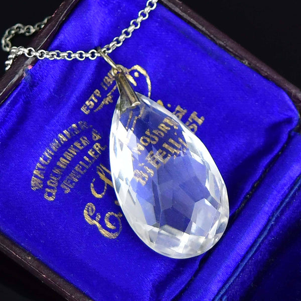 Antique Art Deco Rock Crystal Teardrop Pendant Necklace