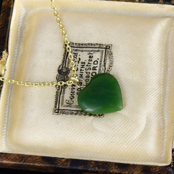 Vintage Carved Nephrite Jade Heart Charm Necklace - Boylerpf