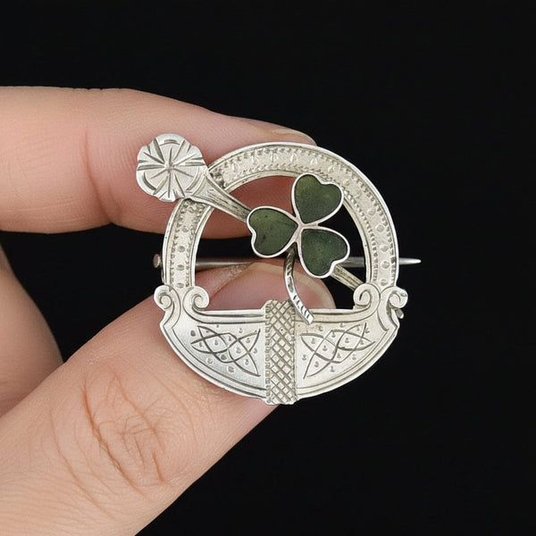 Antique Connemara Marble Shamrock Silver Celtic Knot Penannular Brooch - Boylerpf