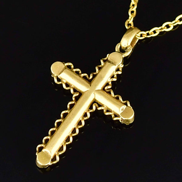 Antique 18K Gold Diamond Pearl Enamel Cross Pendant Necklace - Boylerpf