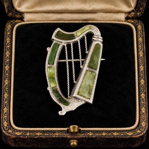 Antique Victorian Irish Connemara Marble Lyre Harp Brooch